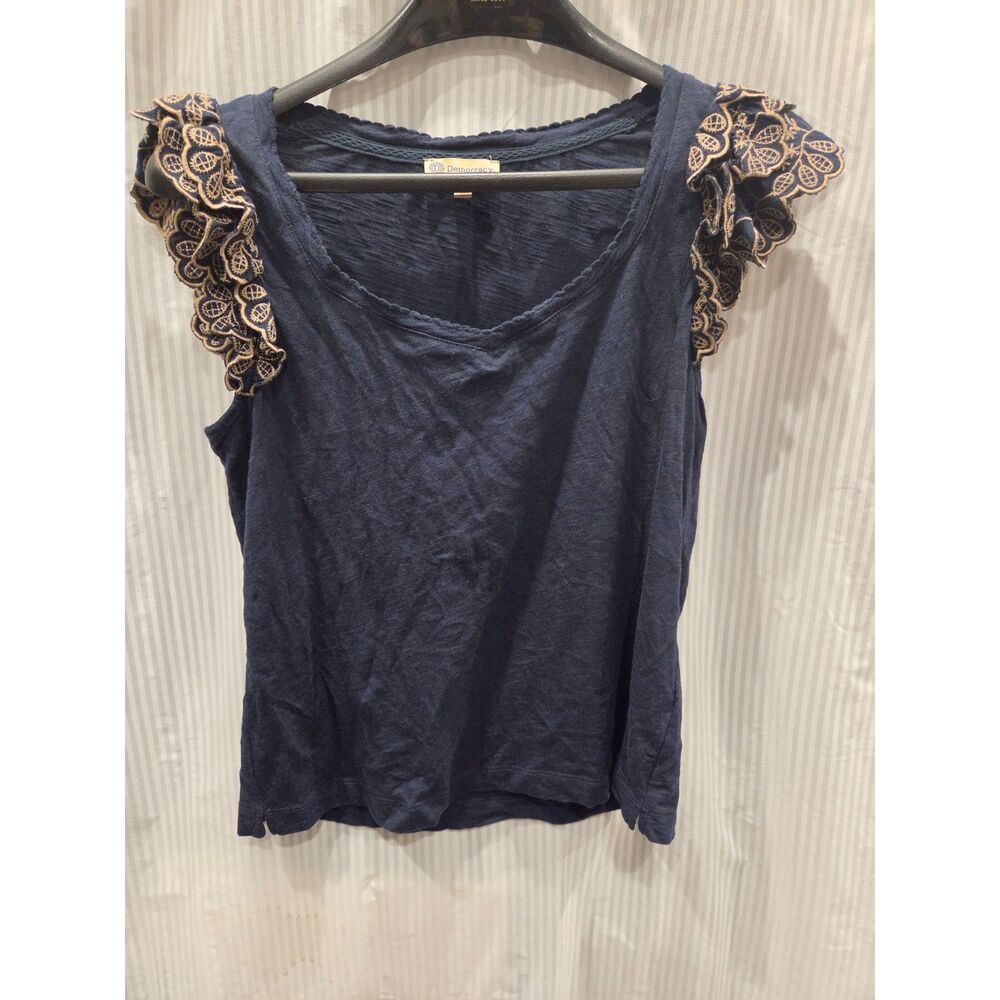 Democracy Cottagecore Navy Blue Top scalloped Neck Embroidered Flutter Sleeve S